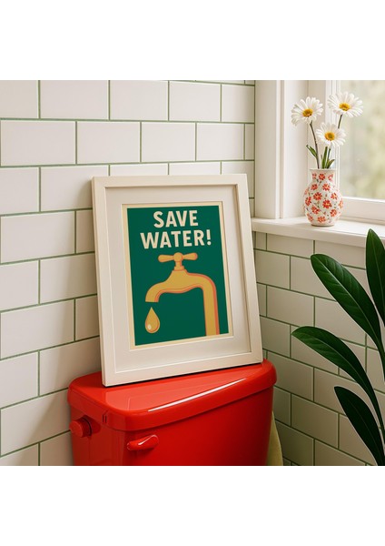 Su Tasarrufu Banyo Posteri: Retro Musluklu Tuvalet Sanatı ( & ) fırsatları