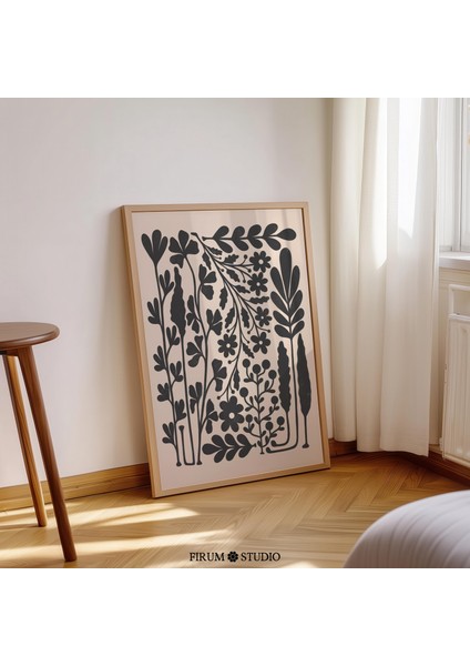 Siyah Bej Soyut Yabani Çiçek Sanatı, Japandi Sanatı, Botanik Poster