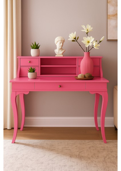 110 cm 5 Çekmeceli Masif Pembe Raflı Çalışma Masası