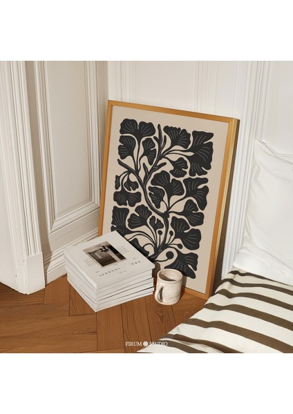 Koyu Çiçek Desenli - Bej ve Siyah Modern Yatak Odası Botanik Duvar Dekoru | Orta Yüzyıl Modern Estetiği | Bohem Çiçek Sanatı |