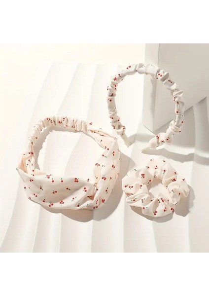 Kiraz Desenli Saç Aksesuarı Seti, Beyaz Bandana ve Scrunchie, 28 cm x 16 cm Bandana, 12 cm Lastik Toka