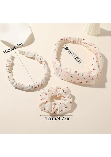 Kiraz Desenli Saç Aksesuarı Seti, Beyaz Bandana ve Scrunchie, 28 cm x 16 cm Bandana, 12 cm Lastik Toka fiyatları