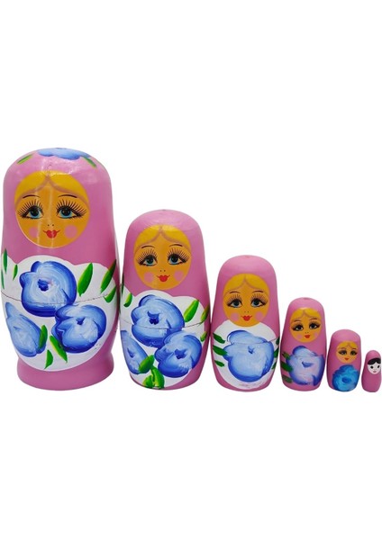 Ahşap Matruşka Bebek Altılı Set Gül Pembe