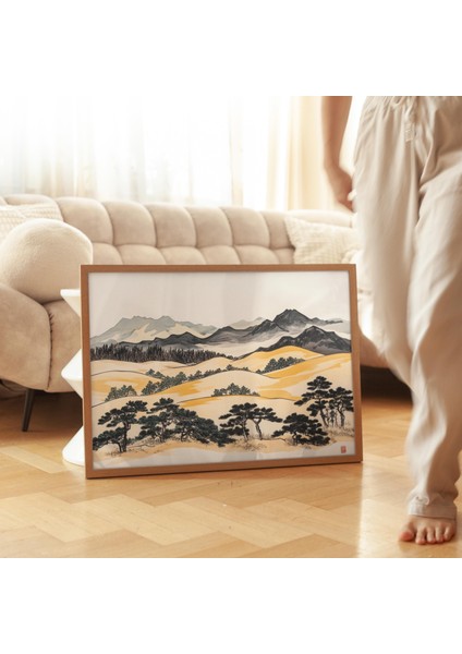 Japon Sarı Tarlaları Japandi Sanatı, Japon Duvar Sanatı, Wabi Sabi Duvar Sanatı, Kral Yatak Üstü Sanatı modelleri