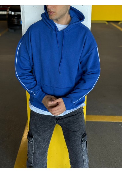 Unisex Şeritli Oversize Kapüşonlu Kanguru Cepli Kordonlu Sweatshirt