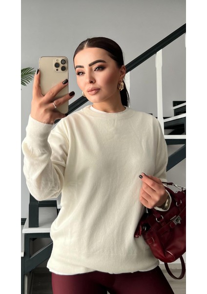 Ekru Bisiklet Yaka Yünlü Basic Kazak