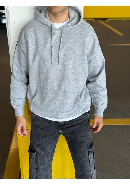 Unisex Şeritli Oversize Kapüşonlu Kanguru Cepli Kordonlu Sweatshirt