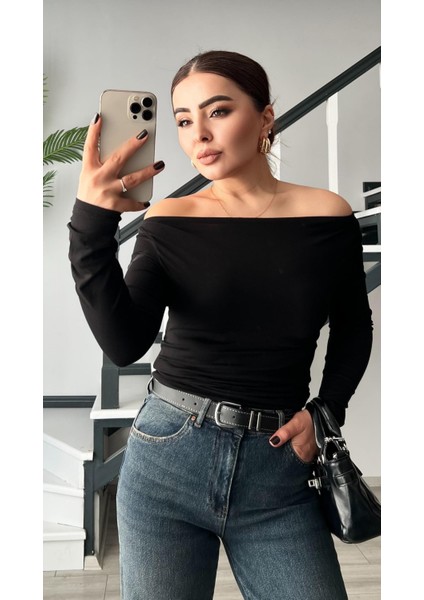 Siyah Kayık Yaka Uzun Kollu Bluz fiyatları