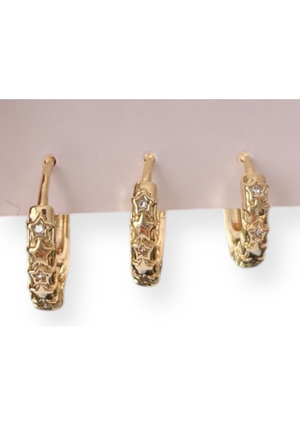 Kadın Çelik Gold Küpe 3lü Set Taşlı Yıldızlı Küpe Kadın Yıldız Küpe Gold Renk Küpe Gold Kaplama 3'lü Yıldız Küpe Seti Kadın Zirkon Taşlı Huggie Halka Kararmaz Kombin Küpe Antialerjik Lüks Takı