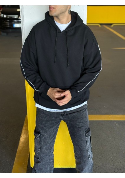 Unisex Şeritli Oversize Kapüşonlu Kanguru Cepli Kordonlu Sweatshirt