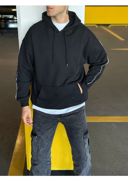 Unisex Şeritli Oversize Kapüşonlu Kanguru Cepli Kordonlu Sweatshirt fiyatları