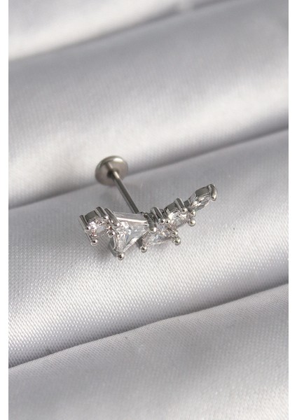 316L Çelik Gümüş Renk Zirkon Taşlı Tragus Piercing - TJ-PR1337