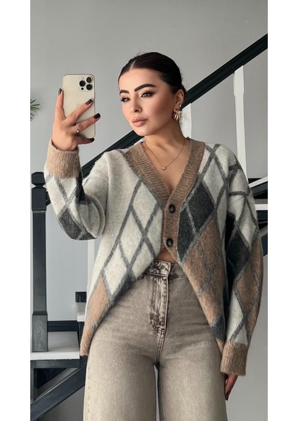 Gri-Vizon Baklava Desen Şardonlu Hırka