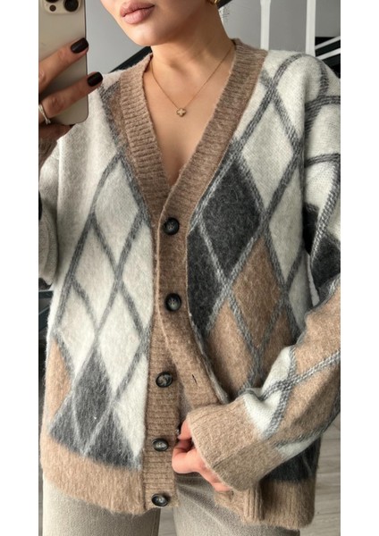 Gri-Vizon Baklava Desen Şardonlu Hırka modelleri