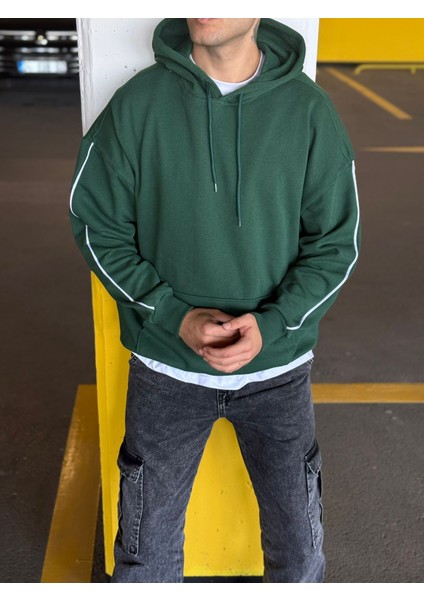 Unisex Şeritli Oversize Kapüşonlu Kanguru Cepli Kordonlu Sweatshirt