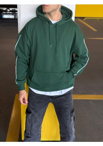 Unisex Şeritli Oversize Kapüşonlu Kanguru Cepli Kordonlu Sweatshirt fiyatları