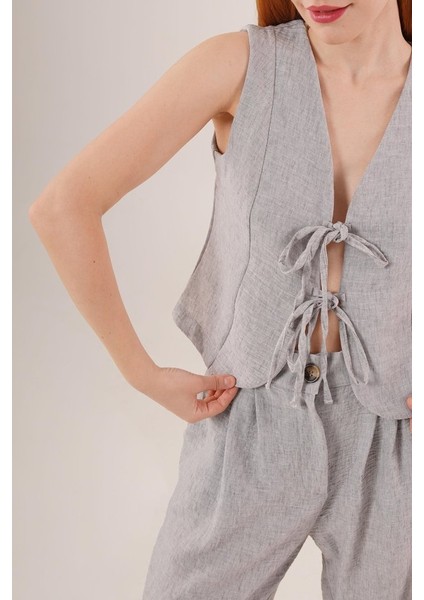 Ön Bağlama Detaylı Yelek ve Pantolon Gri Ikili Takım fiyatları