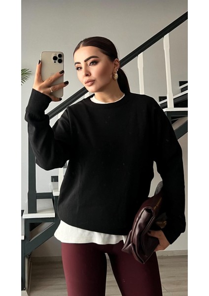 Siyah Bisiklet Yaka Yünlü Basic Kazak