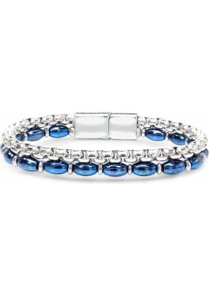 Çelik Zincirli Gümüş ve Mavi Arpa Hematit Bilekli