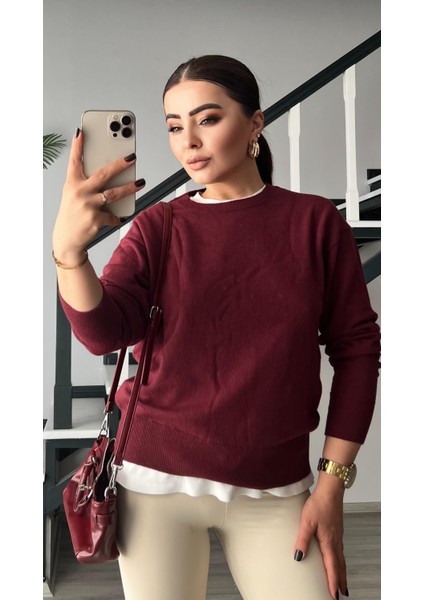 Bordo Bisiklet Yaka Yünlü Basic Kazak modelleri