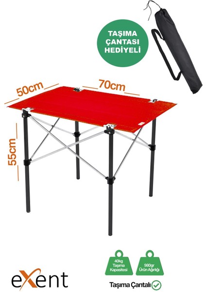 50X70 cm Kamp Masası Katlanabilir Masa, Piknik Masası, Siyah Taşıma Çantalı-Kırmızı