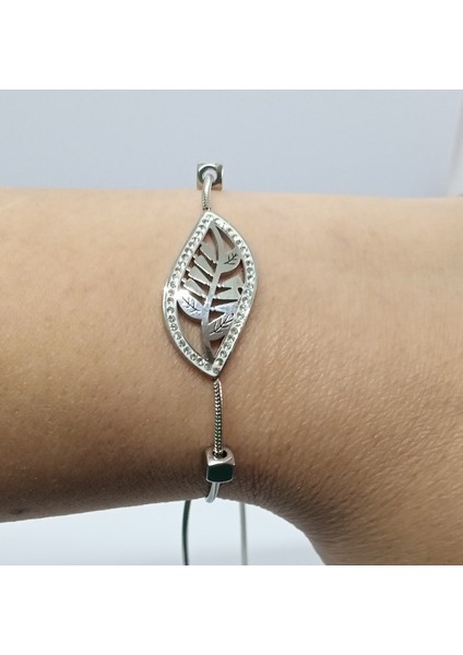 Çelik Silver Zirkon Taşlı Asansörlü Yaprak Bileklik