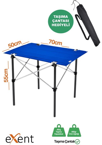 50X70 cm Kamp Masası Katlanabilir Masa, Piknik Masası, Siyah Taşıma Çantalı-Mavı
