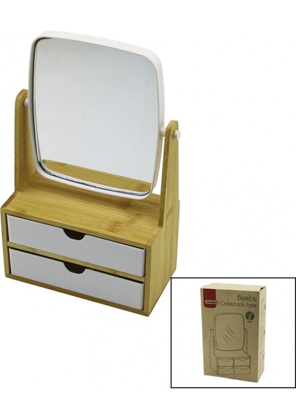 2 Çekmeceli Bambu Ahşap STANDLI=9X9.9X17.8X21.5CM Makyaj AYNASI=15X18CM Takılık 1+1 Organizer (4887)