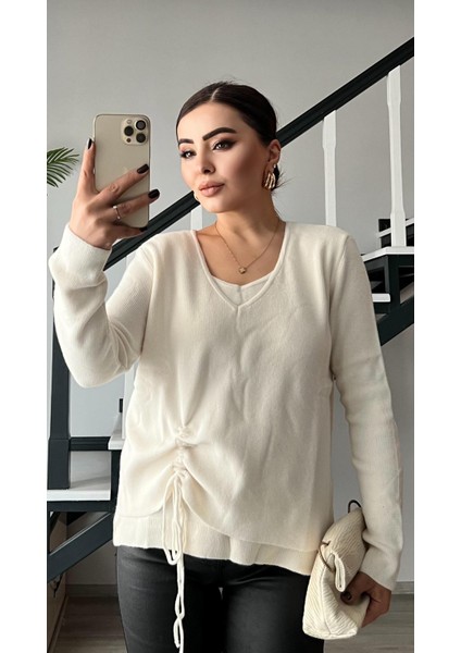 Ekru Yandan Büzgülü Kazak fiyatları