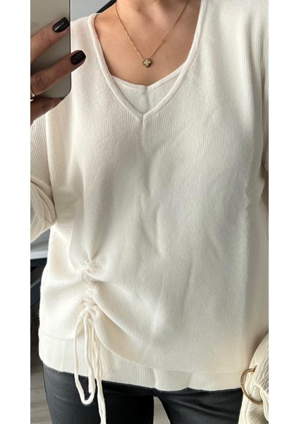 Ekru Yandan Büzgülü Kazak fırsatları