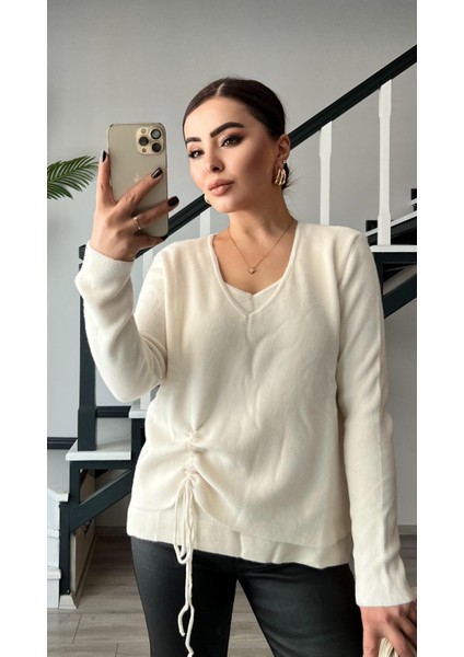 Ekru Yandan Büzgülü Kazak indirimleri