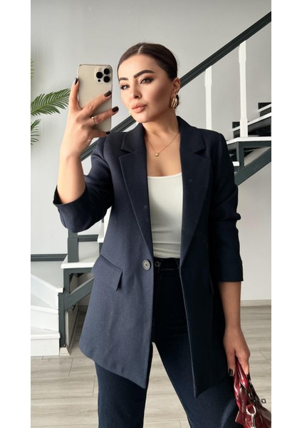 Lacivert Yün Effect Blazer Ceket