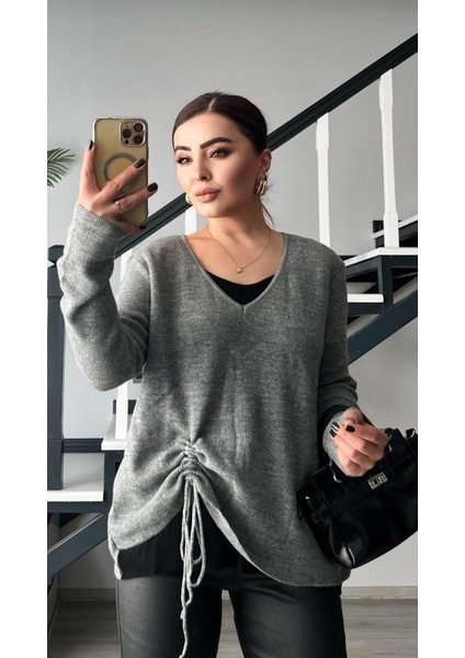 Gri-Siyah Yandan Büzgülü Kazak fiyatları