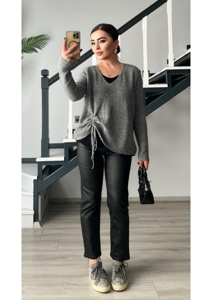 Gri-Siyah Yandan Büzgülü Kazak modelleri