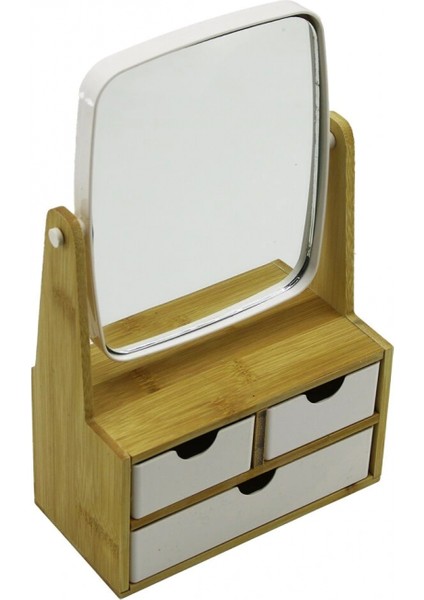 3 Çekmeceli Bambu Ahşap STANDLI=9X9.5X18X21.5CM Makyaj AYNASI=15X18CM Takılık 2+1 Organizer (4887)