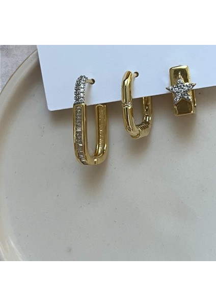 Kadın Çelik Küpe 3lü Küpe Gold Renk Küpe Şık Tasarım Gold Kaplama 3'lü Lüks Küpe Seti Kadın Dikdörtgen Burgu Yıldız Zirkon Taşlı Kombin Küpe Kararmaz Antialerjik Takı