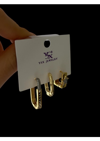 Kadın Çelik Küpe 3lü Küpe Gold Renk Küpe Şık Tasarım Gold Kaplama 3'lü Lüks Küpe Seti Kadın Dikdörtgen Burgu Yıldız Zirkon Taşlı Kombin Küpe Kararmaz Antialerjik Takı fırsatları
