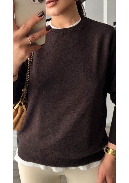 Acı Kahve Bisiklet Yaka Yünlü Basic Kazak fırsatları