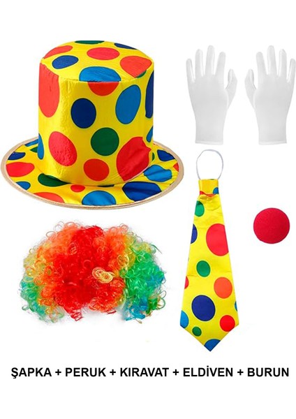 Renkli Palyaço Kostüm Seti - 5 Parça Aksesuar (Şapka, Peruk, Kravat, Eldiven, Burun)