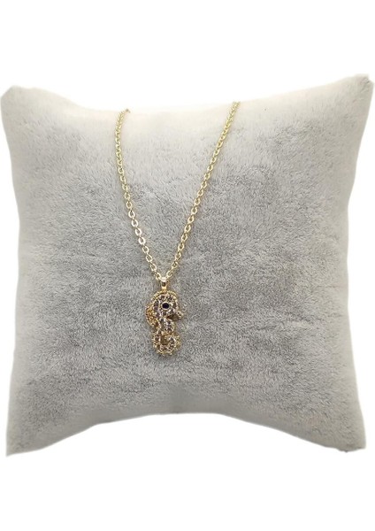 Altın Renk Zirkon Taşlı Kolye Deniz Atı Kolye Zirkon