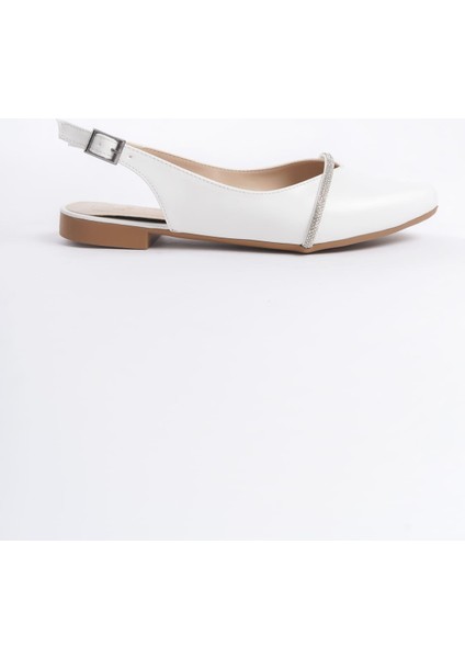 Allıson Tokalı Ortopedik Rahat Taban Taş Detaylı Kadın Babet Ayakkabı Ckt - Beyaz