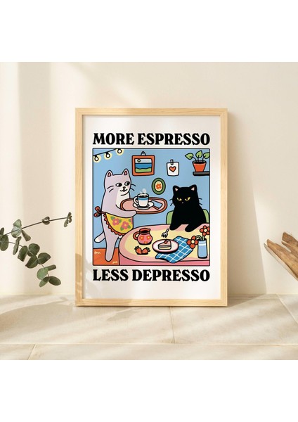 Daha Fazla Espresso Daha Az Depresso Siyah Kedi Duvar Baskısı, Kahve Kedi Posteri, Mutfak Sanatı, El Yapımı Kedi Kahve Posteri