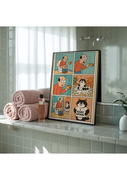 Komik Banyo Karikatürü Duvar Sanatı, Kedi Tuvalet Kağıdı Mizah Posteri, Ilginç Tuvalet Tabelası