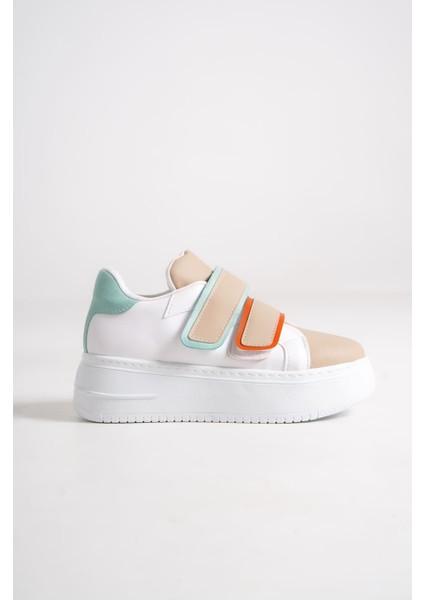 Valencıa Bağcıksız Cırt Cırtlı Ortopedik Taban Kadın Sneaker Spor Ayakkabı Cbt - Beyaz/ten/mavi