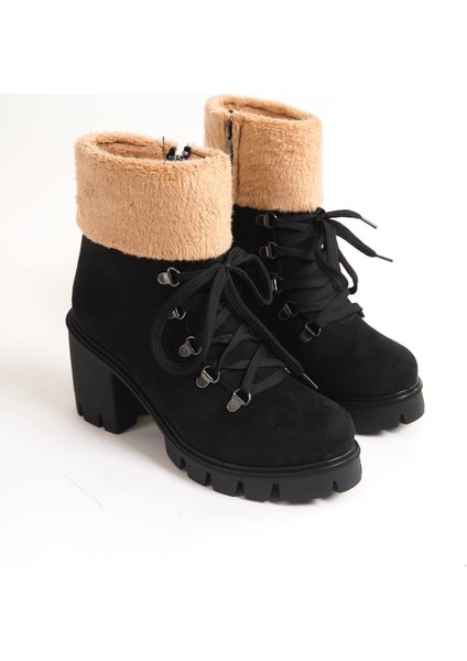 Emma Bağcıklı Fermuarlı Ortopedik Taban Topuklu Kürk Detaylı Süet Kadın Bot Sst - Siyah fırsatları
