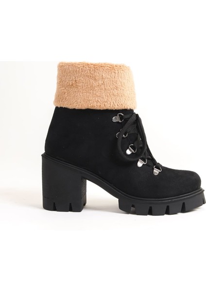 Emma Bağcıklı Fermuarlı Ortopedik Taban Topuklu Kürk Detaylı Süet Kadın Bot Sst - Siyah