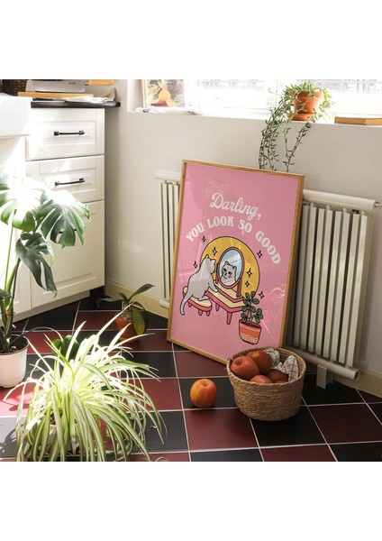 Çerçeveli Kız Kedi Kendini Sevme Duvar Baskısı, Pozitiflik Sevgilim Çok Iyi Görünüyorsun, Pembe Posterler, Y2K Posteri modelleri