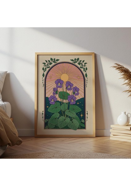 Mor Menekşe Çiçek Duvar Sanatı, Iskandinav Botanik, Çiçek Halk Sanatı, Bohem Duvar Sanatı