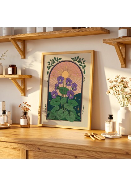 Mor Menekşe Çiçek Duvar Sanatı, Iskandinav Botanik, Çiçek Halk Sanatı, Bohem Duvar Sanatı modelleri