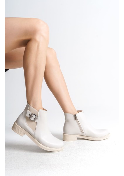 Luna Fermuarlı Lastikli Ortopedik Taban Topuklu Kadın Bot Ckt - Krem